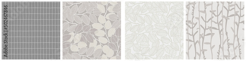 Seamless patterns set with elm tree branches and leaves on light background for surface design, wallpaper, fabrics, home decor. Monochrome pastel realistic line art