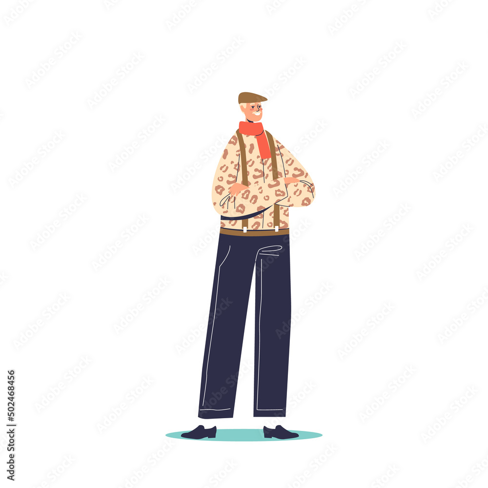 Obraz premium Trendy fashionable senior man wearing stylish casual clothes. Elderly male in trendy modern outfit