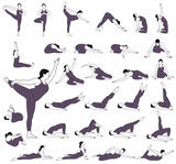 Set of vector icons of woman doing yoga and fitness exercises. Silhouettes of  girl stretching and relaxing her body in different yoga poses. Contours of yoga woman isolated on white background.