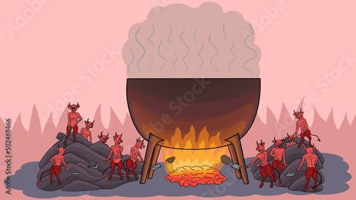 Devils heat a cauldron in hell for sinners.