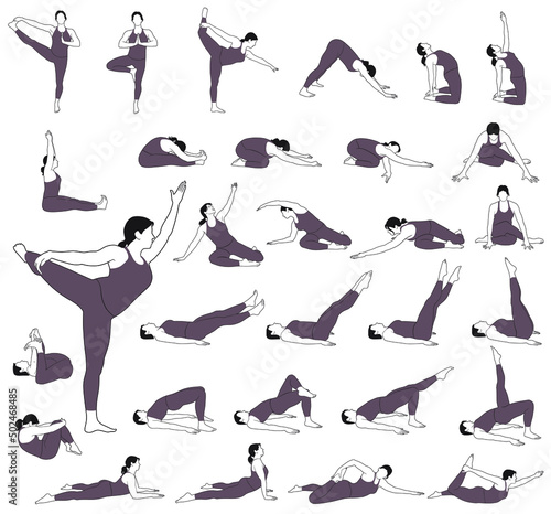 Set of vector icons of woman doing yoga and fitness exercises. Silhouettes of  girl stretching and relaxing her body in different yoga poses. Contours of yoga woman isolated on white background.