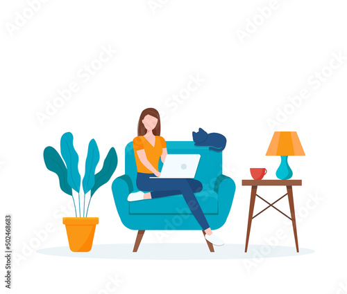 A woman working with computers, home office or freelancer. She can be an employee of the company for computer and student work in her own home office. Service, call center and support.
