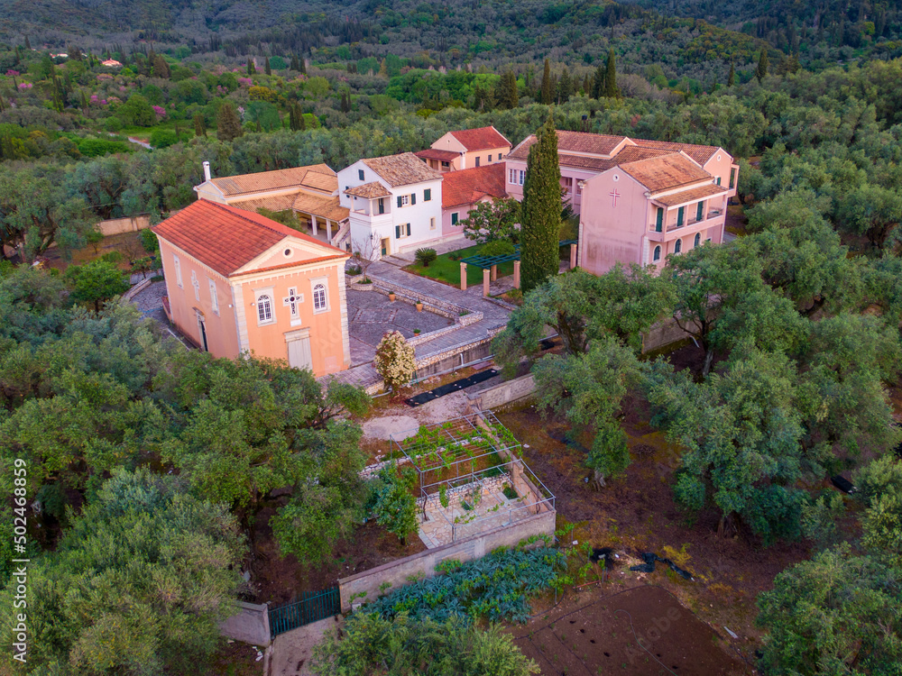 Aerial drone view of Agios Dimitrios Monastery in corfu, Greece