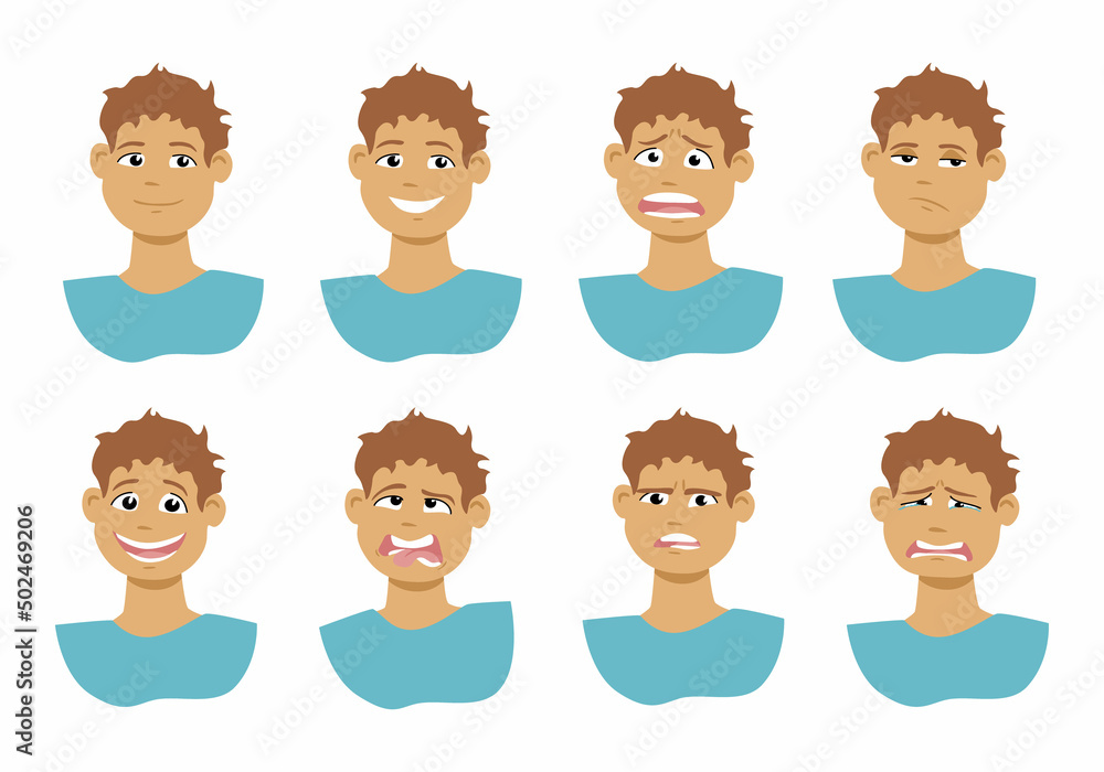 Set of various face expressions. Emoticon set of a boy. Vector cartoon portrait of a child with different emotions. Set of various face expressions. Emoticon set of a boy. Vector cartoon portrait of a child with different emotions.