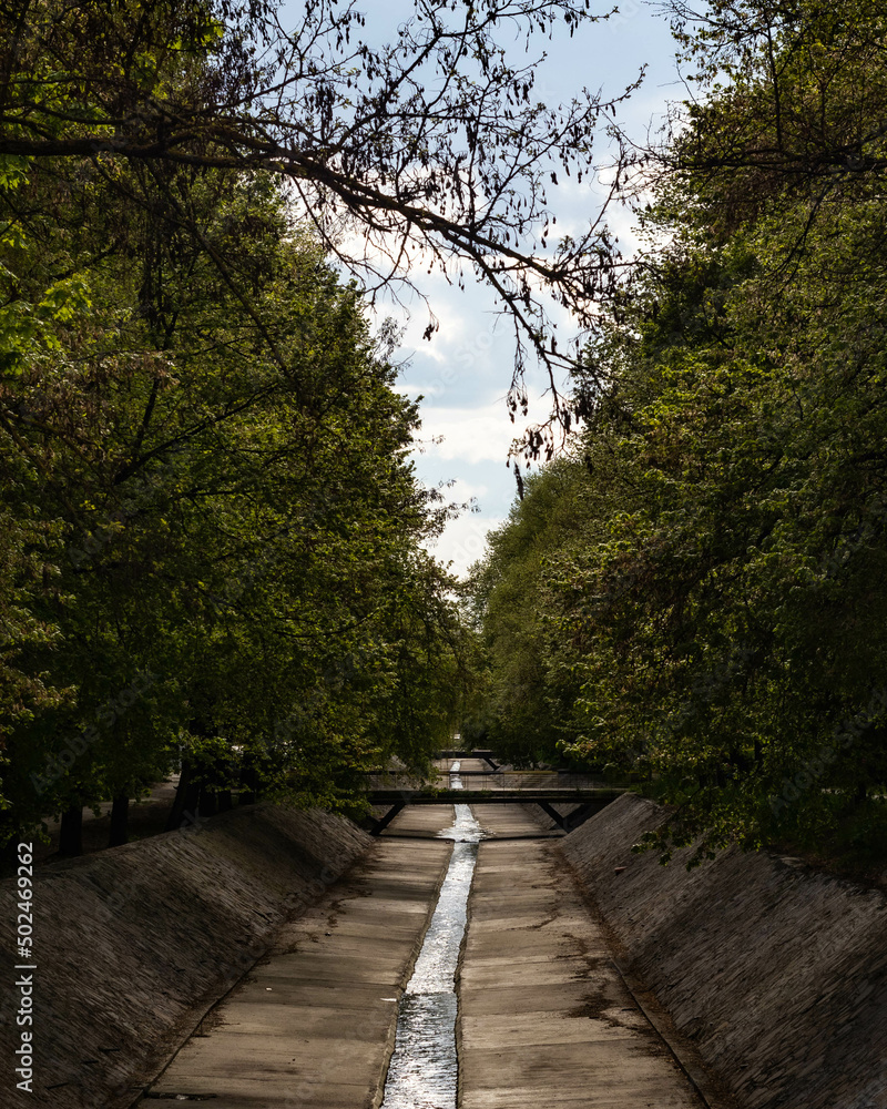 Water stream in an urban channel between the trees Water stream in an urban channel between the trees