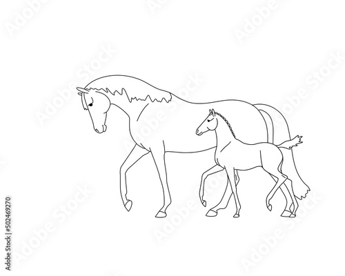 Separately editable vector line images, mare with foal