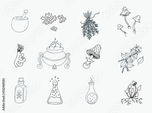 Esoteric magic witchcraft attributes doodle set. Colorless design. Collection of hand drawn witch tools occult objects hats broom cards moonlight snake isolated on transparent background