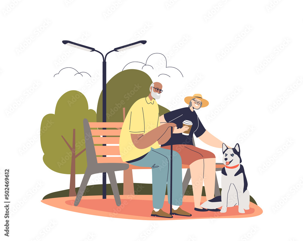 Old couple in park sit on bench with dog. Senior man and woman spend time outdoors walking happy pet