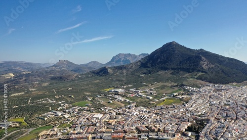 survol des champs d'oliviers (oliveraies), hacienda et village blanc en Andalousie dans le sud de l'Espagne	