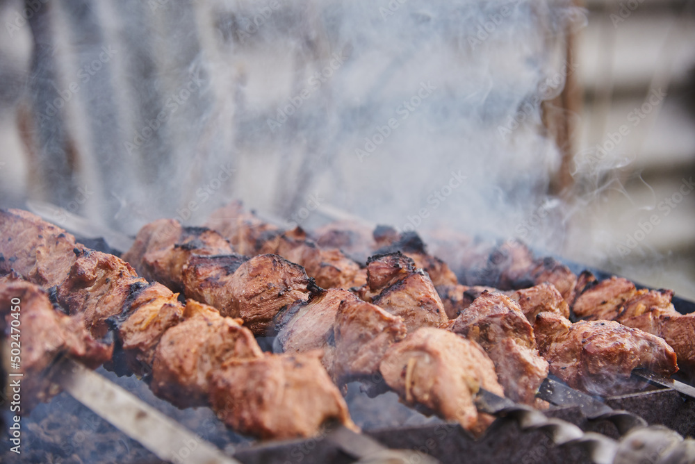Pork kebab on skewers on the grill, shrouded in smoke. Pork kebab on skewers on the grill, shrouded in smoke.