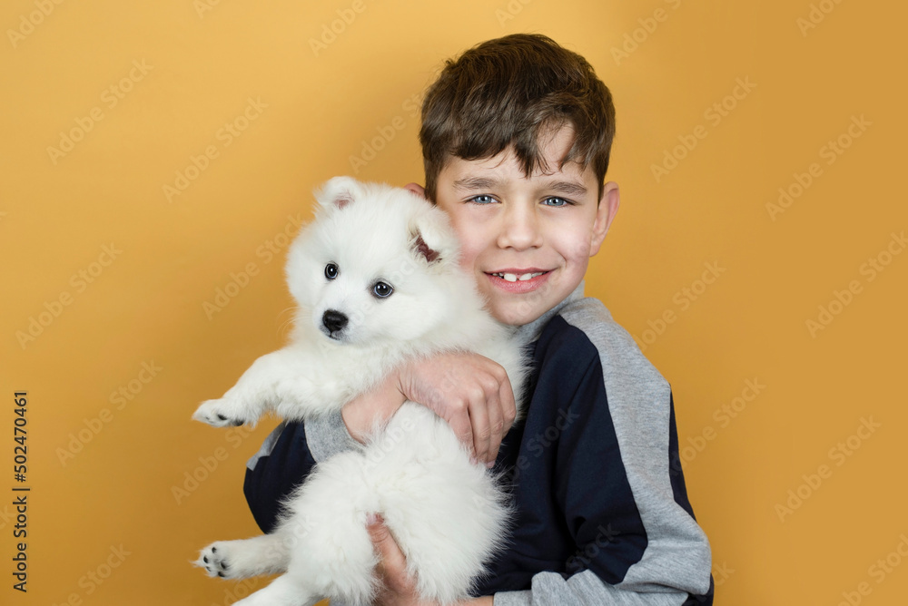The little boy really wanted a dog and finally his parents gave him a little puppy, the boy is very happy, spends all his time with the puppy, playing together The little boy really wanted a dog and finally his parents gave him a little puppy, the boy is very happy, spends all his time with the puppy, playing together
