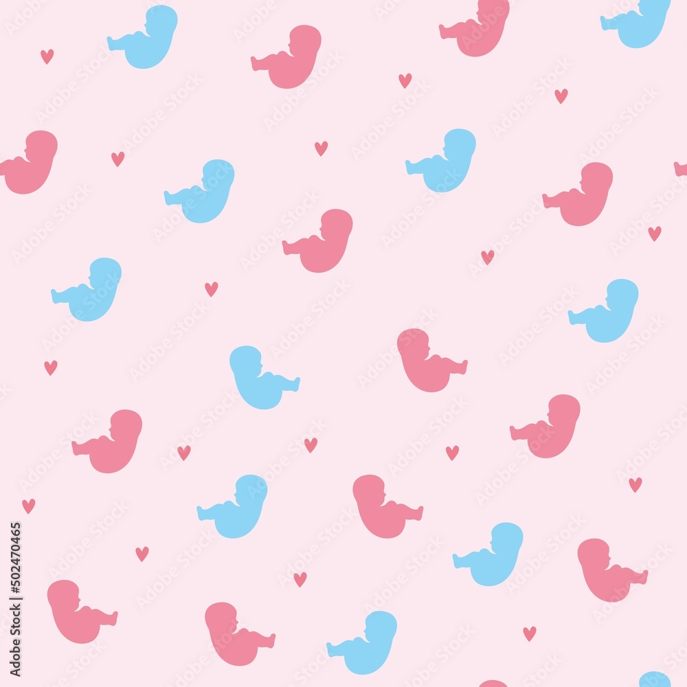 Seamless pattern. Human embryo and heart. Small babies, boys and girls. Cute silhouettes on pink background Seamless pattern. Human embryo and heart. Small babies, boys and girls. Cute silhouettes on pink background
