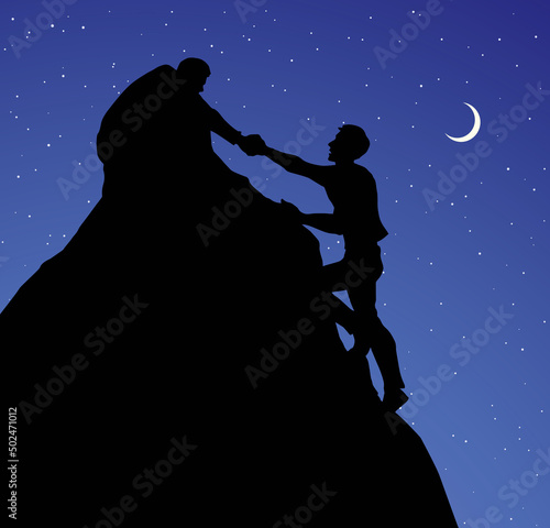 A man pulls a friend out of the abyss. Vector drawing