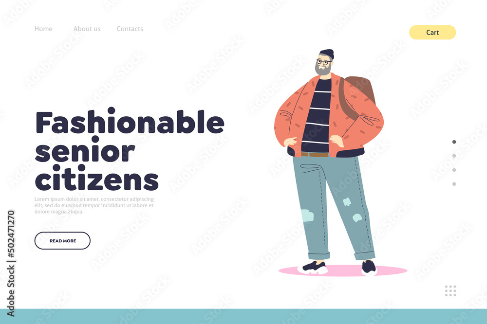 Fashionable senior citizens concept of landing page with elder man wearing trendy jeans and backpack Fashionable senior citizens concept of landing page with elder man wearing trendy jeans and backpack