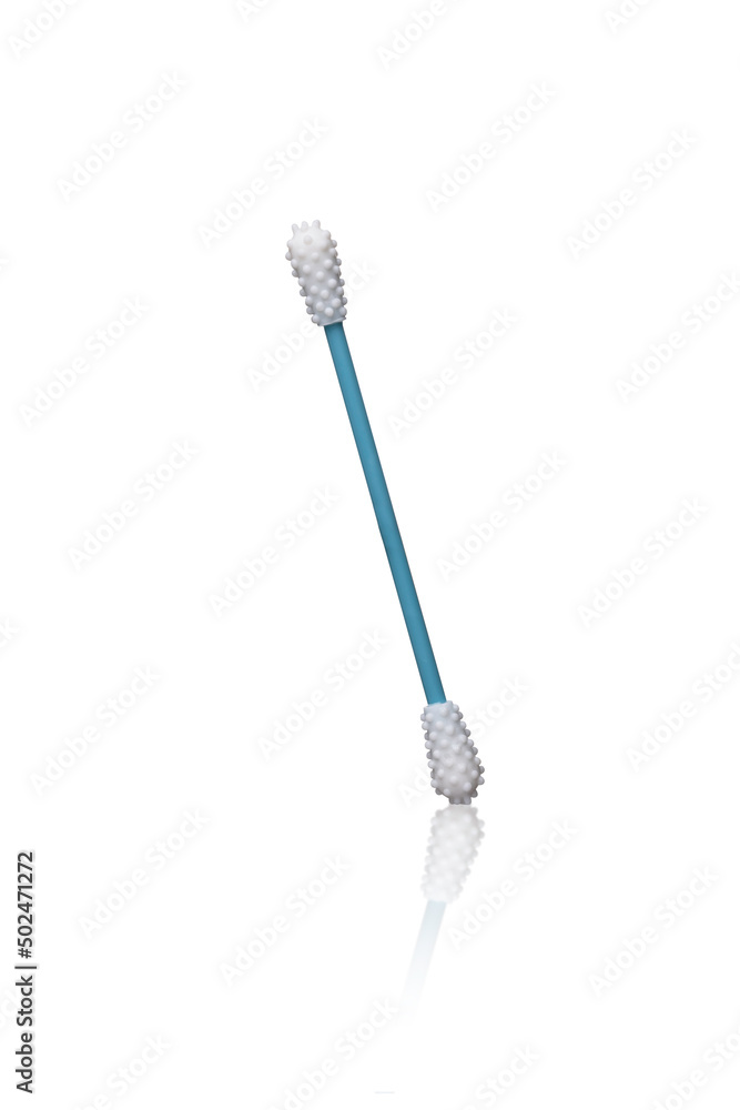 Reusable refill - cotton swabs for ears wax removal and pointed Q tips for removal. Zero waste and eco-friendly product. Isolated on white background with reflection. Stock Photo