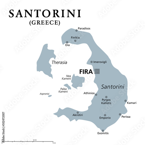 Santorini, an island of Greece, gray political map. Officially Thira and classical Greek Thera. Archipelago and remnant of a caldera in the Aegean Sea, and the southernmost member of the Cyclades.