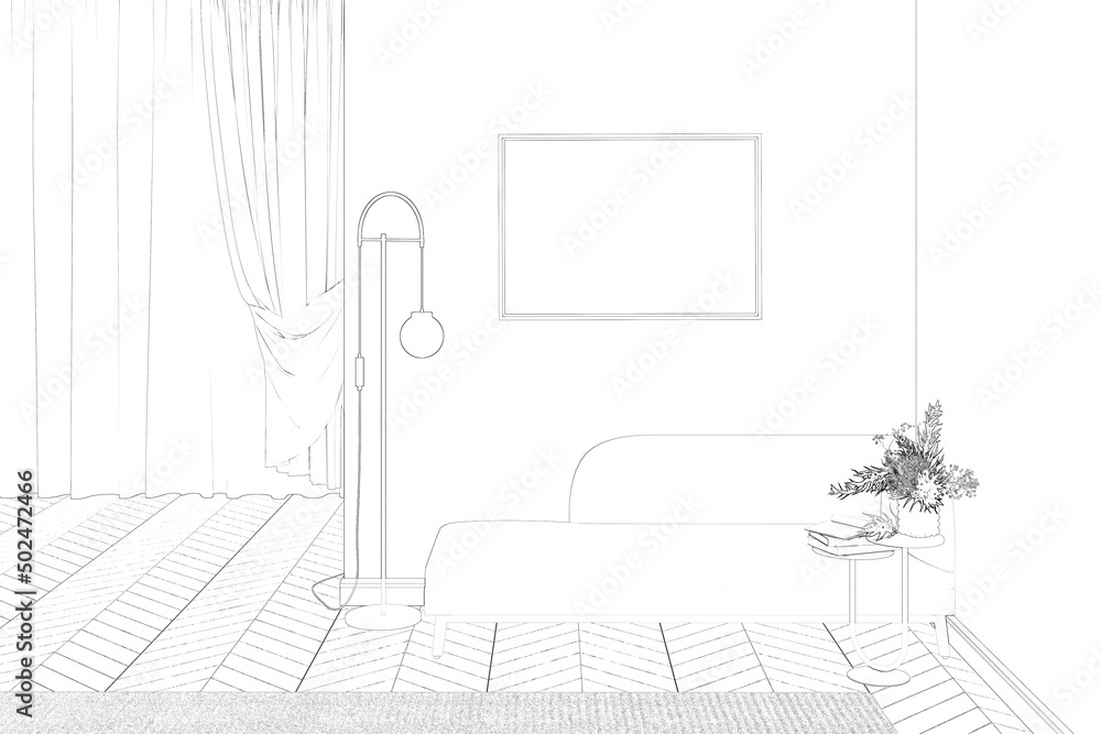 A sketch of the living room with a horizontal poster on a white wall, flowers in a vase, books on a coffee table near a bench, a golden floor lamp, and a curtained window in the background. 3d render