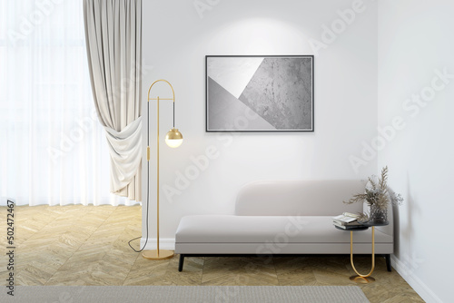 A bright room with an illuminated horizontal poster on a white wall, flowers in a vase and books on a coffee table near a bench, a golden floor lamp, a curtained window in the background. 3d render