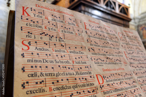 Fototapeta close-up of a book of Gregorian chants in an Italian cathedral