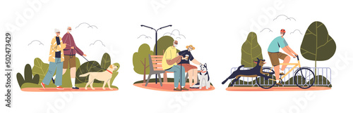 Elderly people walk dogs set of cartoon character senior men and women with pets outdoors in park