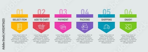 Concept of shopping process with 6 successive steps. Six colorful graphic elements. Timeline design for brochure, presentation, web site. Infographic design layout.