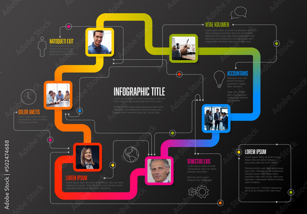 a visually appealing dark timeline infographic with... Infographic Company Dark Milestones Timeline Template with Square Photo ...