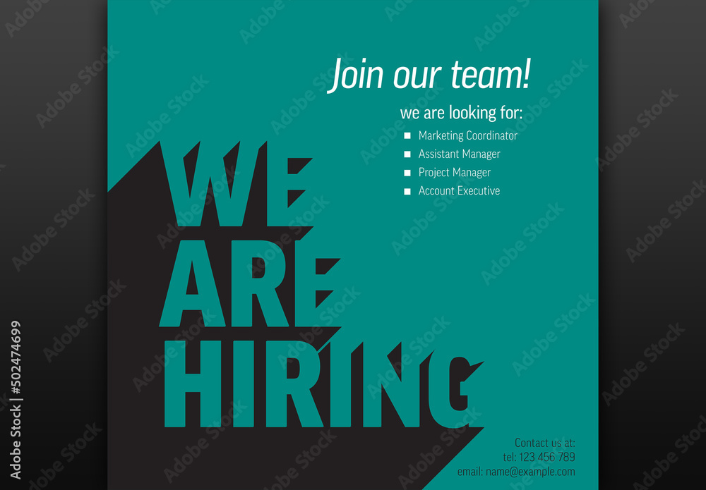 We Are Hiring Minimalistic Flyer Template Teal Version with Long Shadow ...