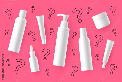 Cosmetic products and question marks over colored background
