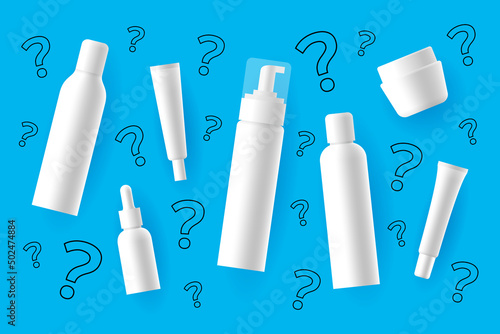 Cosmetic products and question marks over colored background