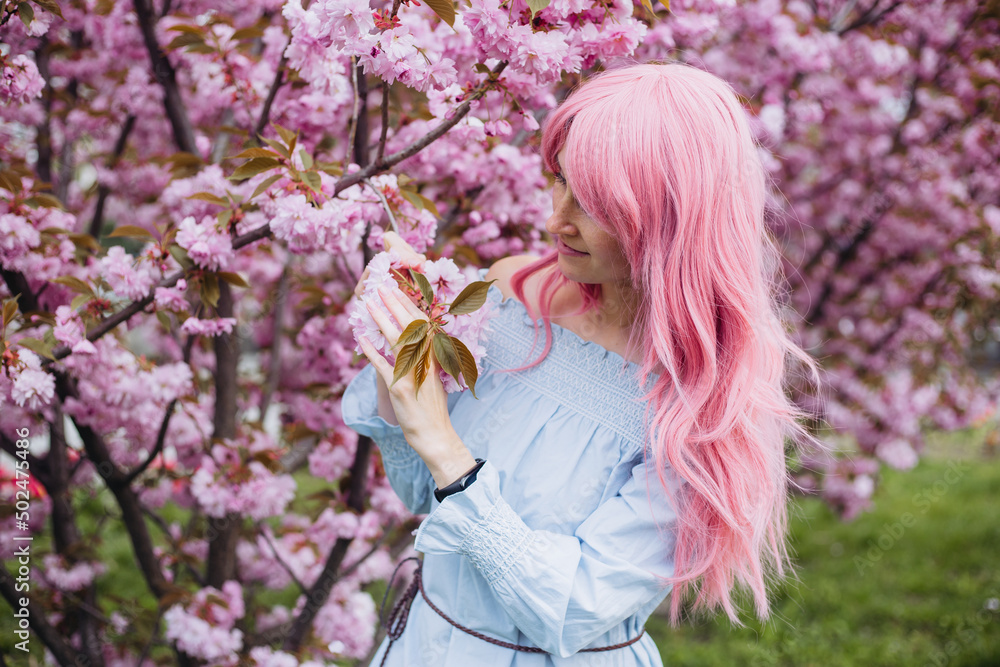 woman near pink sakura blooming tree woman near pink sakura blooming tree