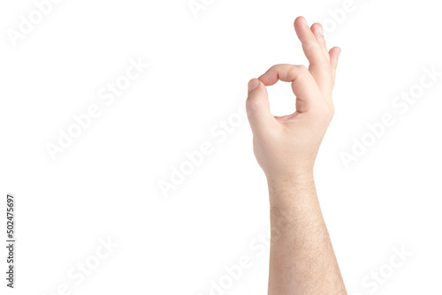 Male hand finger ok sign isolated on white background. Brutal man's palm showing OK gesture. Finger gestures. Copy space