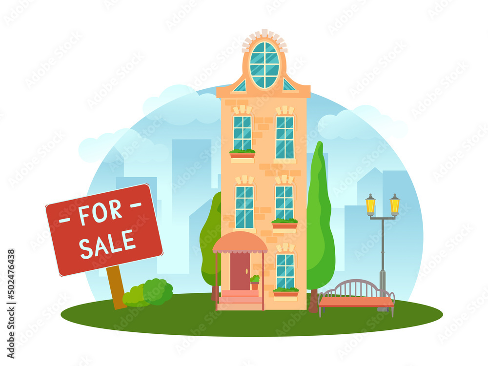 The concept of a house for sale. Sale or rental of real estate. House on a plot of land with surroundings and trees in a cartoon style. Vector illustration isolated on white background.