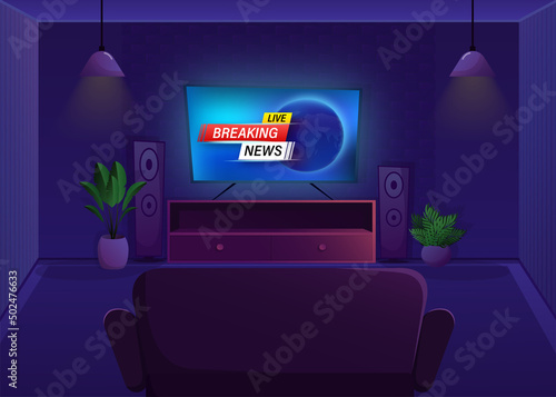 Illustration with living room news. Cartoon room design vector illustration