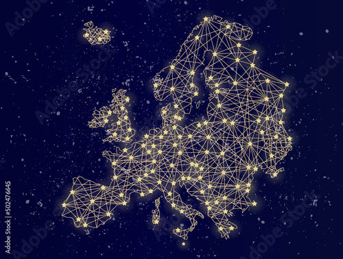 Glowing map of Europe on the night sky