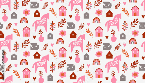 Nordic Dala horses and floral elements seamless pattern 