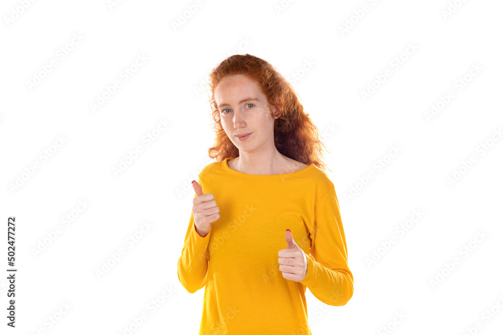 Photo of young cheerful good mood smiling young girl point finger copyspace advertisement Photo of young cheerful good mood smiling young girl point finger copyspace advertisement