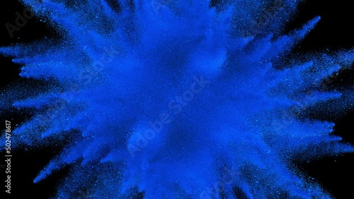 Cg animation of color powder explosion on black background. Cg, slow motion, alpha matte, 4k