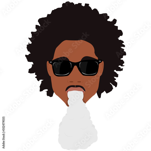 Black vaper man with mustasce in sunglasses with afro hairstyle exhaling steam vapour smoke