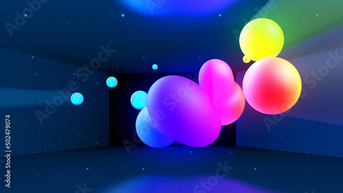 Fototapeta Naklejka Na Ścianę i Meble -  3d render. Spheres or balls in room merge like liquid wax drops or metaballs in-air. Liquid gradient of rainbow colors on drops with multi-colored glow, scattering light inside.
