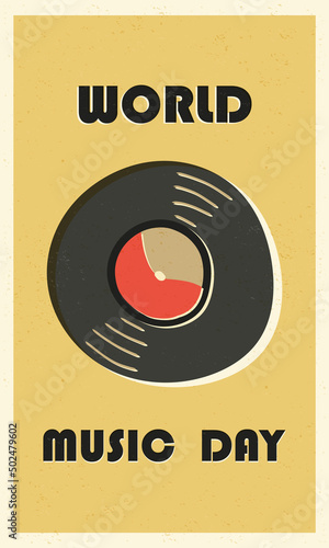 International Music Day retro style card, banner design. Funny vinyl record disc on textured yellow background.