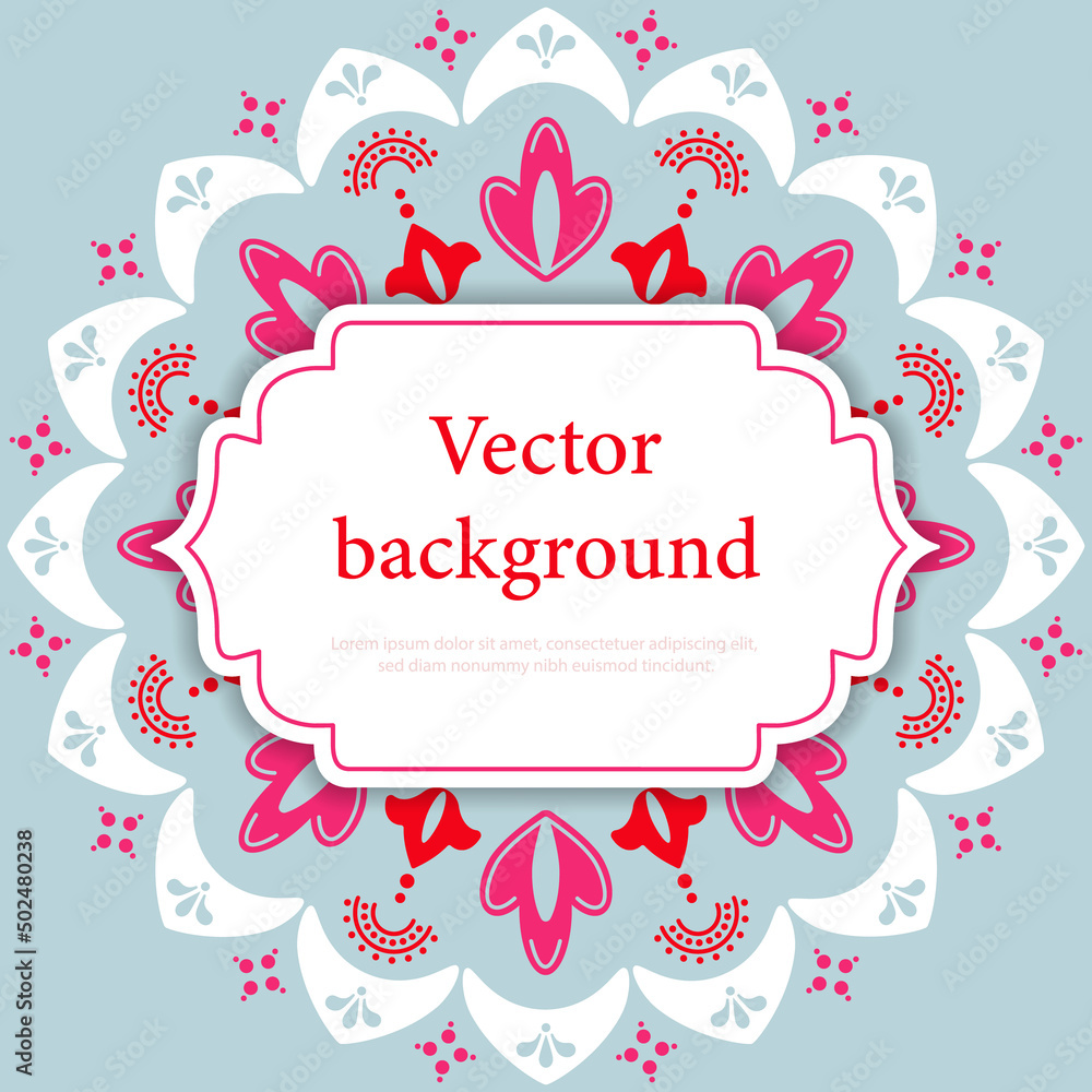 Ornamental pink mandala on blue background with place for text. Square banner