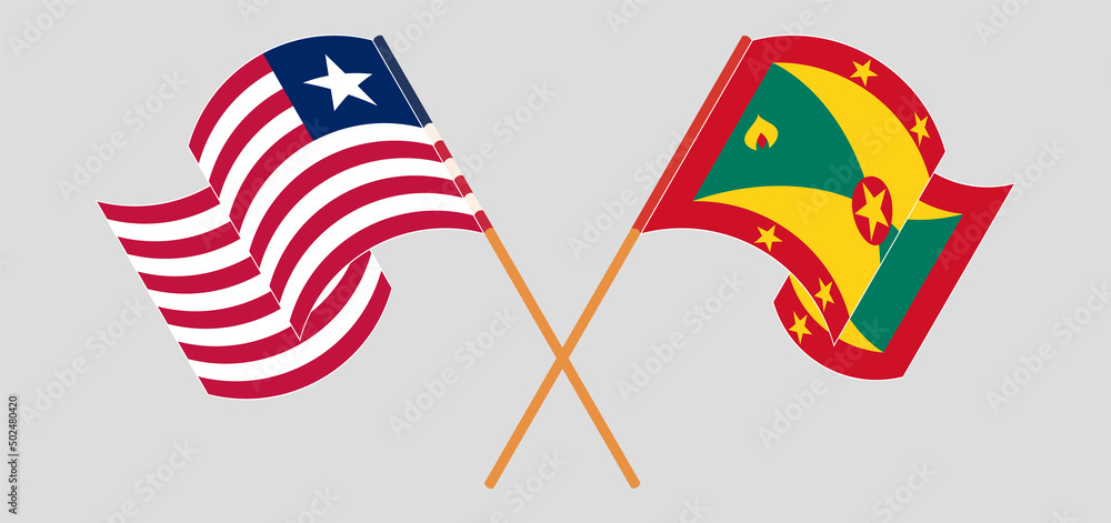 Crossed and waving flags of Liberia and Grenada