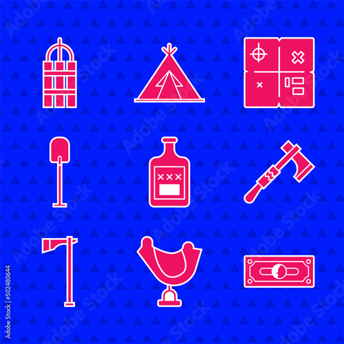 Set Whiskey bottle, Wild west saddle, Stacks paper money cash, Tomahawk axe, Shovel, Treasure map and Detonate dynamite bomb stick icon. Vector