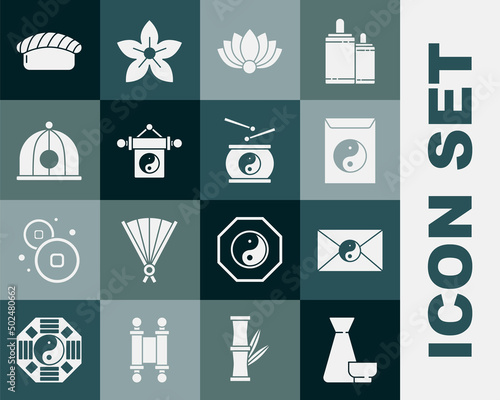 Set Chinese tea ceremony, Yin Yang and envelope, Lotus flower, hat, Sushi and drum icon. Vector
