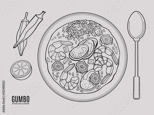 Gumbo soup. Top view outline doodle style illustration.