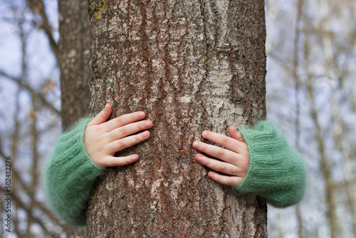 child hands in warm wool sweater hugging tree trunk in the forest