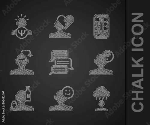 Set Online psychological counseling, Good mood, Depression and frustration, Yin Yang symbol, Alcoholism, Concussion, headache, Sedative pills and Psychology icon. Vector