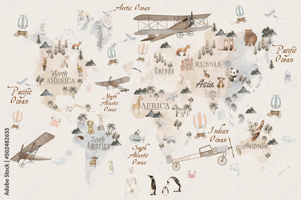 Animals world map for kids wallpaper design
 - obrazy, fototapety, plakaty 