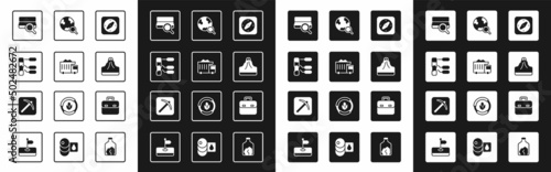 Set Compass, Mining dump truck, Soil analysis, Volcano, Magnifying glass with globe, Briefcase and Pickaxe icon. Vector