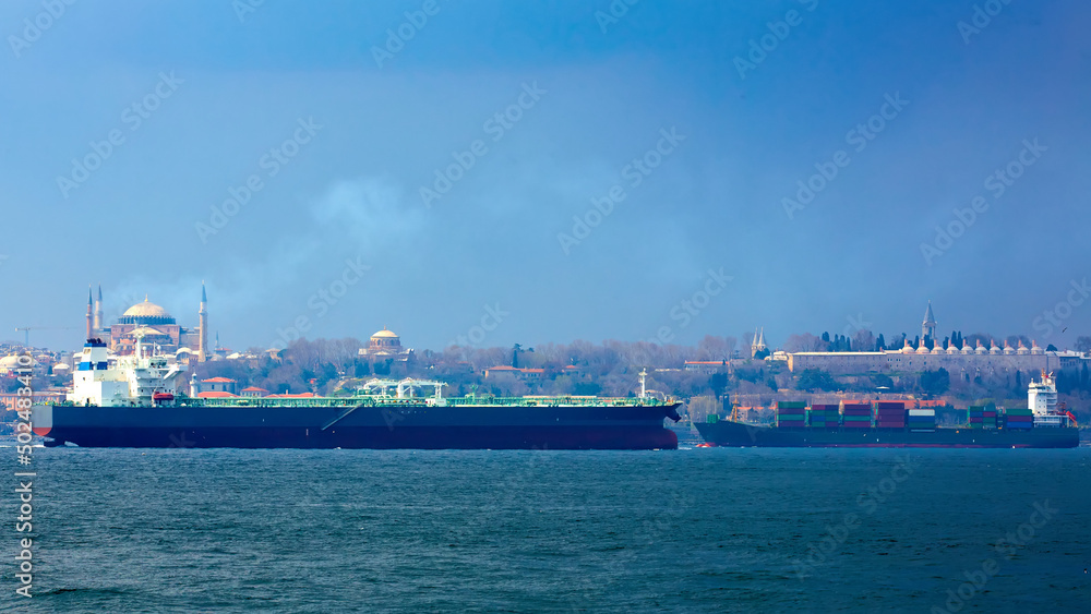 Huge crude oil tanker in Bosphorus Strait, Istanbul, Turkey